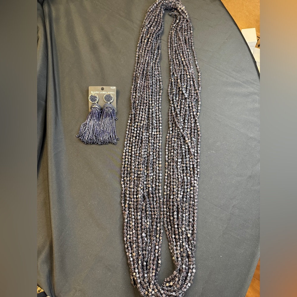 Chico’s Dark Blue Beaded Large Necklace and Earrings Set